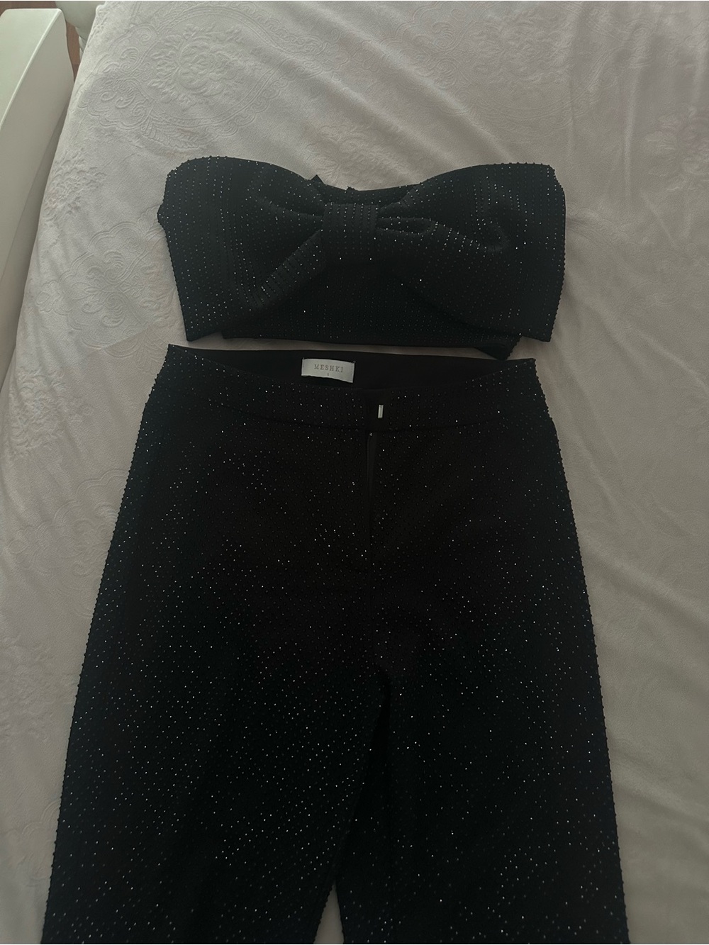 Meshki Black Sparkle Bandeau Bow Top & Pants Set
